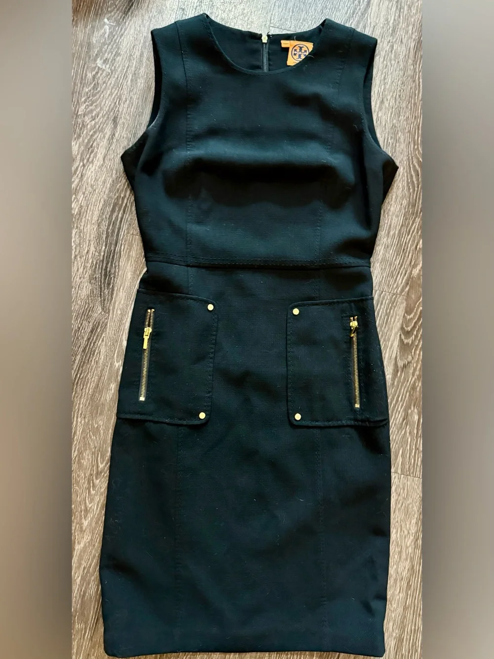 Tory Burch Petra Wood Midi Dress Black with Gold Zipper Accents